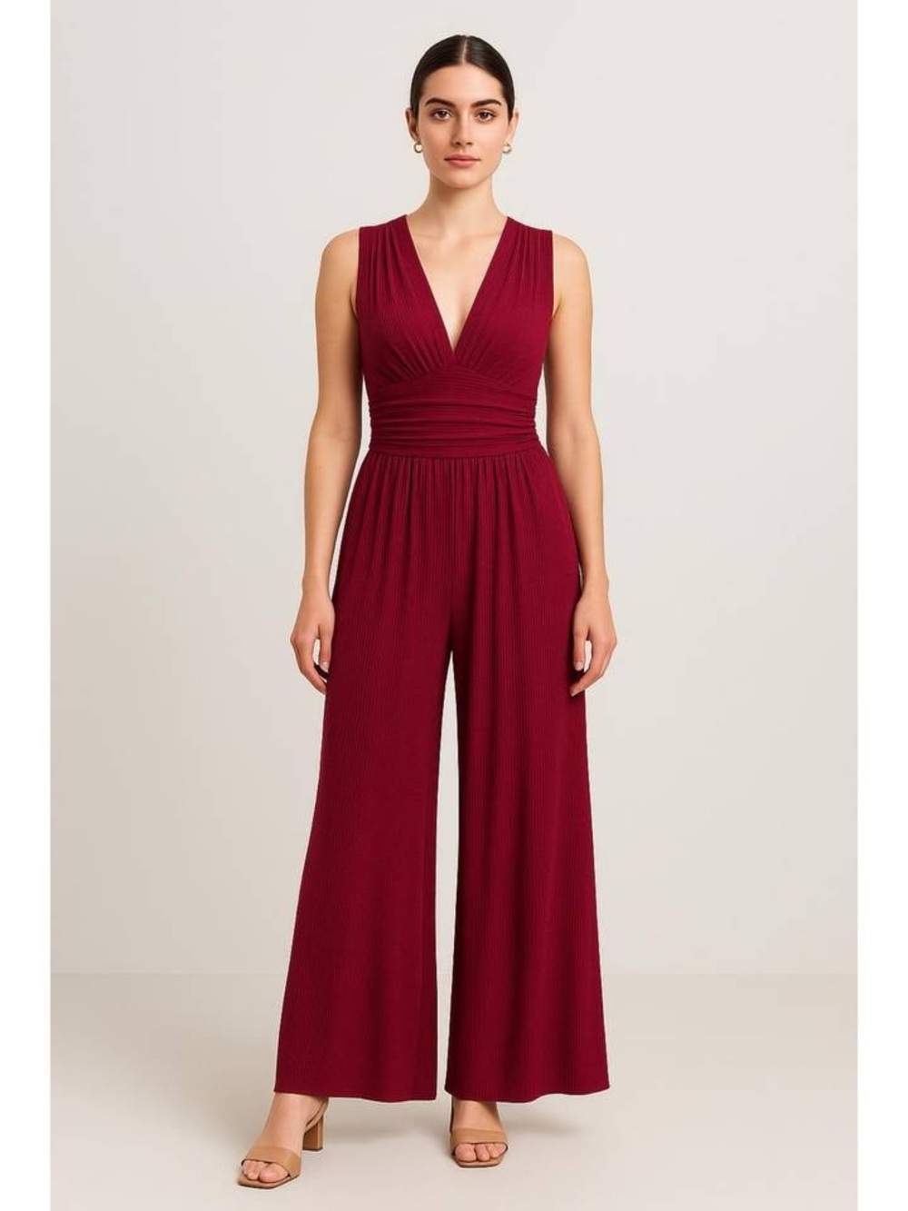 Cider sleeveless v-neck jumpsuit wide leg stretch slash pockets red medium